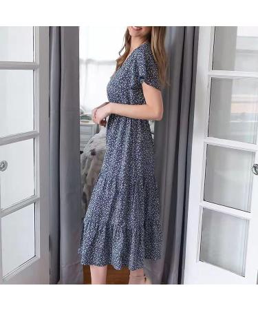 BOXIACEY Spring Dress for Women - V Neck Short Sleeve Maxi Dress with Belted Ruffle Hem | Small Dark Blue - Buy Online on SooperMarket.com