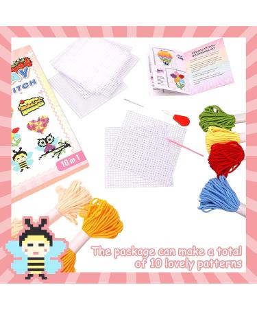 Pllieay Kids 10-in-1 Cross Stitch Beginner Kit with 10 Patterns, Plastic Canvas, and Colored Threads - Needlepoint Starter Set for Kids - Buy Online on SooperMarket.com