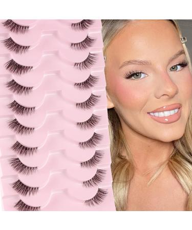 Glowingwin False Eyelashes Half Lashes Natural Look with Clear Band Cat Eye Lashes 10 Pairs Wispy Corner Lashes Reusable 3/4 Transparent Fake Lashes Handmade Soft Strip Lashes Mink Fluffy Eyelashes Clear Band Half Lashes-10