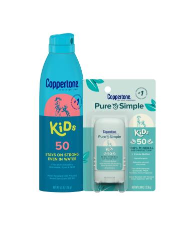 Coppertone Kids Sunscreen Spray SPF 50 + Pure and Simple Kids Sunscreen Stick SPF 50, Zinc Oxide Mineral Sunscreen, #1 Pediatrician Recommended Sunscreen Brand (5.5 Oz Spray + 0.49 Oz Stick)
