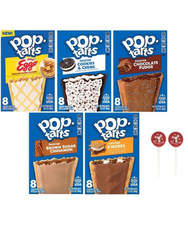Pop Tarts Frosted Toaster Pastries, Eggo Maple Flavor, Cookies & Creme, Frosted Chocolate Fudge, Brown Cinnamon Sugar, and Smores, 13.5 Ounce (Pack of 5) - with Two Make Your Day Lollipops