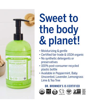 Dr. Bronner's Organic Lemongrass Sugar Soap - 12oz | 4-in-1 Use for Hands, Body, Face & Hair | Vegan Formula with Organic Oils & Shikakai Powder - Cleanses, Moisturizes & Nourishes - Buy Online on SooperMarket.com
