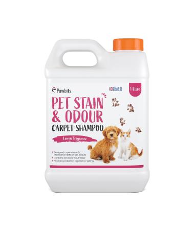 Pawbits Pet Stain and Odour Carpet Shampoo 1L Super Concentrated - Lemon Scented Carpet and Upholstery Cleaner with Odour Neutraliser - Removes Cat Dog or Puppy Urine/Waste Smells Cruelty Free 1 l (Pack of 1)