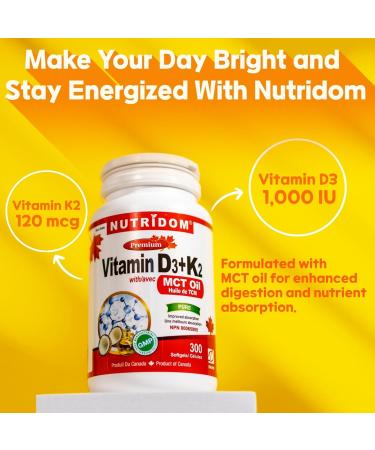Nutridom Vitamin D3 1 000 IU + K2 MK-7 120 mcg with MCT Oil Cholecalciferol D3 + Natto-Derived Menaquinone-7 Non-GMO Free of Gluten Soy & Dairy (120 count) - Buy Online on SooperMarket.com