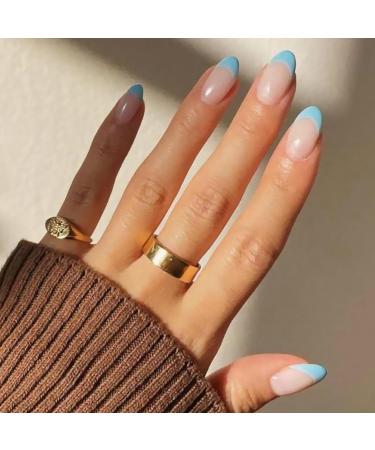 MISUD Short Oval Press on Nails - Glossy Blue French Tip Acrylic Nails - 24 pcs Round Artificial Summer False Nails - Buy Online on SooperMarket.com