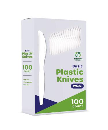 Comfy Package 100 Pack Heavy Duty Disposable Basic Plastic Knives - White