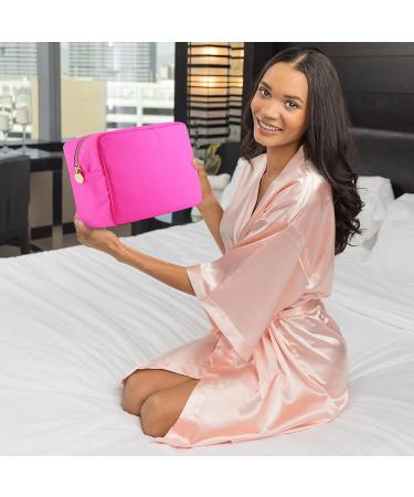 DANCOUR Large Pink Makeup Bag & Toiletry Organizer for Women - Nylon Cosmetic Pouch, Travel-Friendly, Preppy Style - Hot Pink Makeup Storage for Girls - Buy Online on SooperMarket.com
