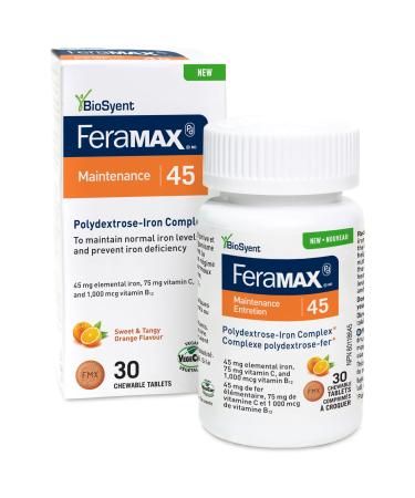 FeraMAX Pd Maintenance 45 Iron Supplement - Great Tasting Orange Flavor Iron Supplement for Prevention of Iron Deficiency - 45mg of Elemental Iron per Chewable Tablet