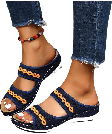 2023 Women's Orthopedic Arch Support Sandals - Blue Leather Diabetic Walking Wedge Sandals for Wide Width Comfort - Buy Online on SooperMarket.com