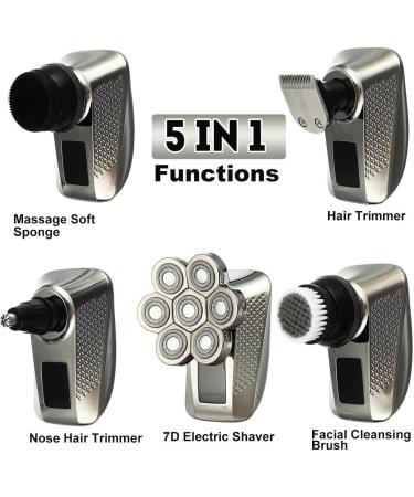 5-in-1 Electric Razor for Men - Rechargeable Bald Head Shaver with 7 Floating Heads Beard & Nose Hair Trimmer and Facial Brush - Buy Online on SooperMarket.com
