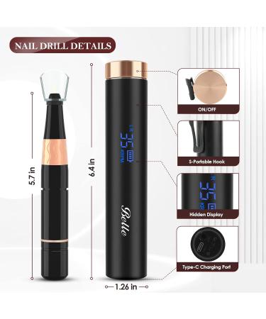 Belle 35000RPM Professional Electric Nail Drill Machine - Rechargeable Cordless Manicure Pedicure Tool with 6 Bits, 25 Sanding Bands, and Case - Black - Buy Online on SooperMarket.com
