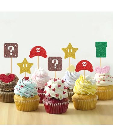 MonMon & Craft Mario Cupcake Toppers - Girls Boys Children Birthday Cupcake Toppers - Video Game Dessert Decor - Baby Shower Birthday Party Decorations Glitter - 24 Pcs - Buy Online on SooperMarket.com