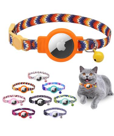 Mouyou Airtag cat neck band Airtag collar cat with bell safety clasp soft nylon cat neck band with silicone Airtag holder cover adjustable from 22-34cm orange gradient pattern c3