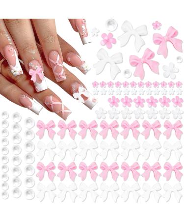 RODAKY 1000PCS Pink Bow Nail Charms White Bowknot Charms for Nail Resin Flatback Nail Pearl Beads Flower Charms Valentine's Day Nail Decoration Accessories for Women Manicure DIY Pink&White