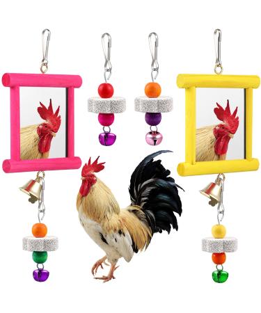 2 Pieces Chicken Mirror Toys Hanging Swing Mirror Toys with Bell Wooden Pecking Toy and 4 Pieces Beak Grinding Molar Stones for Hens Birds Parrots