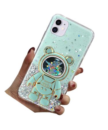Rnrieyta Magon B r Astronaut Stander Shell Glitzer for iPhone 11 Cute girls thin crystal protective cover Treibsand bling transparent case bumper with astronaut holder kickstand green iPhone 11 green