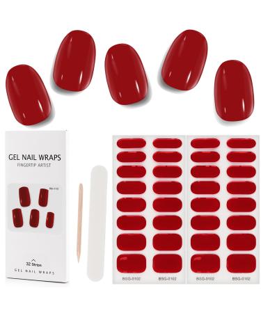 Kalolary 32PCS Cured Gel Nail Polish Strips Adhesive Full Wrap Gel Nail Art Sticker Waterproof Gel Nail Wrap Stickers with Nail File and Stick(UV/LED Lamp Required) (Red)