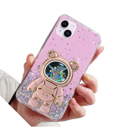Rnrieyta Magon B r Astronaut Stander Shell Glitzer for iPhone 14 Cute Girls D nn Crystal protective cover Treisand Bling Transparent Case Bumper with astronaut holder kickstand pink iPhone 14 pink