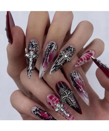 MISUD Press on Nails Long Stiletto Fake Nails Glossy Glue on Nails Goth Red Black Ombre Acrylic Nails Gothic Cross Artificial Nails Chrome Swirl Stick on False Nails with Design 24 pcs 02301Black&Red