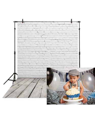 Allenjoy Fabric 5x7FT White Brick Wall with Wooden Floor Photography Backdrops Photo Background for Newborn Baby Photoshoot Photographer Props 5x7ft(150x215cm)