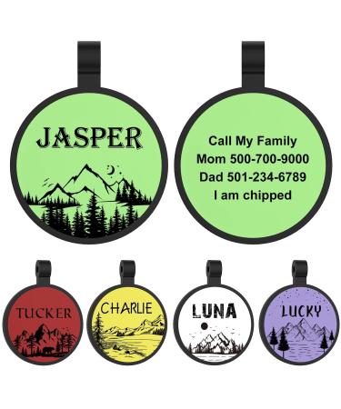 Yehanti dog brand with engraving quiet silicone dog brand personalized with name telephone number and address engraved for dogs cats light and waterproof mountain pattern designs around Rund-Berg