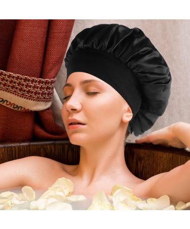 nuoshen 2 Pack Satin Bonnet with Wide Elastic Band Satin Bonnets Elastic Hat Soft Sleeping Head Cover for Night Sleep Curly Hair Protection Head Cover (Black+Pink) - Buy Online on SooperMarket.com