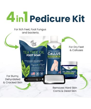 Foot Cure Exfoliator & Callus Remover Pedicure Set - Includes Foot File, Tea Tree Oil Soak, Urea Cream, USA Made - Buy Online on SooperMarket.com