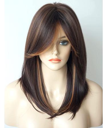Medium Length Layered Synthetic Wig for White Women - Light Brown with Camel Highlights and Bangs - Buy Online on SooperMarket.com