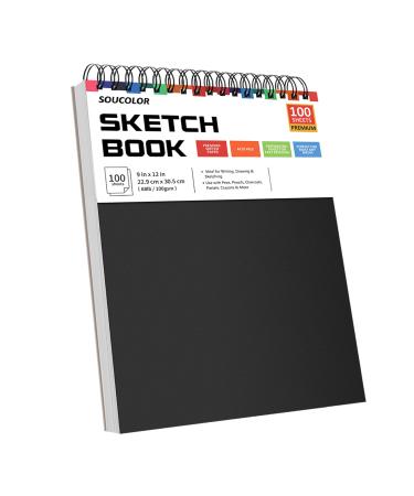 Soucolor 9" x 12" Sketch Book 1-Pack 100 Sheets Spiral Bound Art Sketchbook Acid Free (68lb/100gsm) Artist Drawing Book Paper Painting Sketching Pad Black 1 Pack