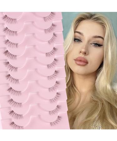 Glowingwin Half Lashes with Clear Band Short Wispy Cat Eye Lashes Natural False Eyelashes 10 Pairs Corner Lashes 3/4 Transparent Fake Lashes Handmade Soft Reusable Strip Lashes Fluffy Mink Lashes Clear Band Half Lashes-08