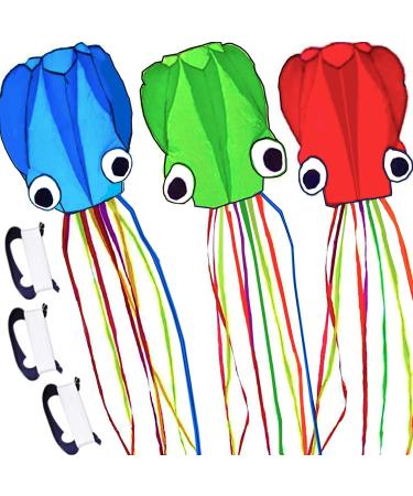 3 Pack Octopus Kite Set - Easy Flyer Beach Kites for Kids & Adults - Blue/Green/Red - 100M Kite String Included - Buy Online on SooperMarket.com
