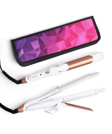 AmoVee Travel Curling Iron, 2 in 1 Mini Flat Iron Travel Hair Straightener, Dual Voltage, 1 inch, Carry Bag Included, A Valentines Day Gifts for Her (White)