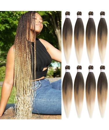 Leeven 8 Packs Pre Stretched Braiding Hair 26 Inch Yaki Texture Ombre Brading Hair Extensions for Box Braids Kanekalon Hair Fiber Crochet Hair Extensions for Braiding /26 Inch 1B/27/613# 26 Inch (Pack of 8) 1B/27/613#
