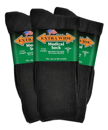 Extra Wide Men's and Women's Up to 6E Unisex Medical Mid Calf Crew 3PK Antimicrobial Made in USA! 6-11 Black