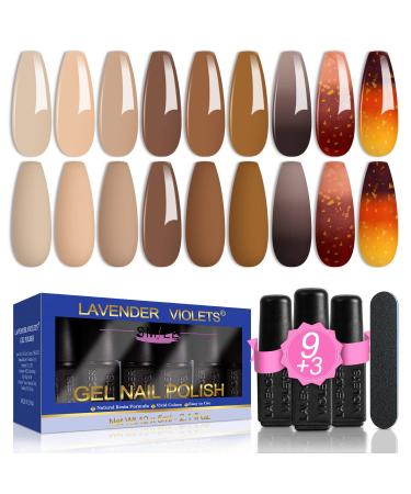 Lavender Violets 13 Pcs Gel Nail Polish Set Grey Brown Temperature Colour Changing Orange Yellow Cozy Caf Nude Nail Art UV LED Soak Off With Base Coat Matte n No Wipe Top Coat Nail File Manicure C616 Cozy Caf -616