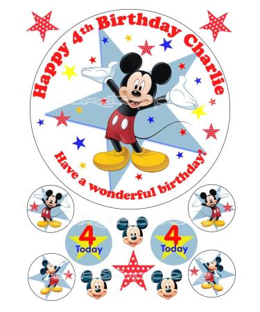 Edible Disney Mickey Mouse 7.5" Icing Personalised Cake Topper & 6 Cupcake Toppers Uncut