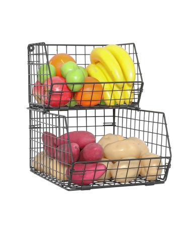 Fruit and Vegetable Basket,2-Tier Wall-mounted & Countertop Tiered Baskets for Potato Onion Storage,Stackable Kitchen Wire Storage Baskets for Fruit Veggies Produce Snack Canned Foods,Black Large Black