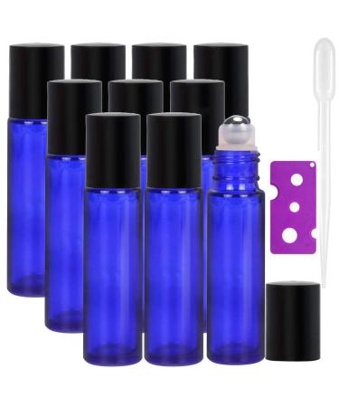 Alledomain 10Pcs 10ml Essential Oils Roller Bottles - Cobalt Blue Glass Roll on Bottles with Stainless Steel Roller Balls