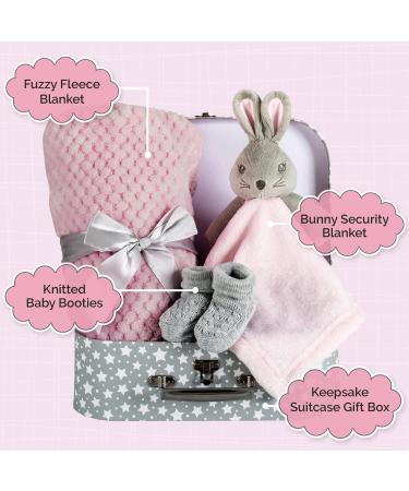 Baby Girl Gift Set - Pink Bunny Security Blanket & Booties in Keepsake Suitcase - Perfect Newborn Gift Basket for Baby Shower - Soft Fleece Blanket - Unique Baby Present - Buy Online on SooperMarket.com