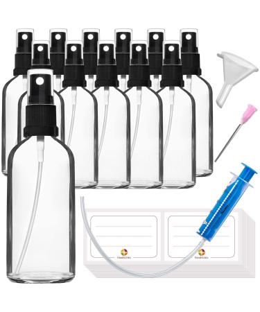 Handsunity 100ml-12Stk spray glass bottle-pharmacy clear glass bottle set with black atomizer glass spray bottle made of transparent glass including 29 accessories 100ml-12 pieces black cap