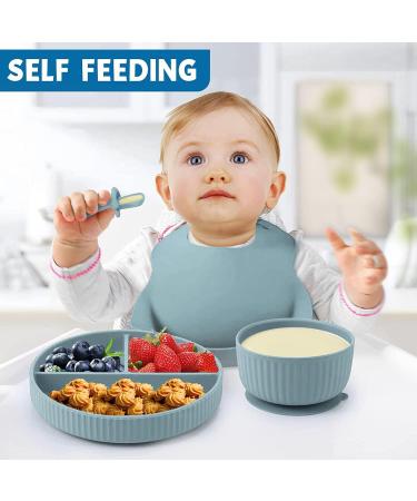 Baby Feeding Set - Silicone Bib, Suction Bowl, Spoon, Fork - Toddler Utensils - 6 Months (Light Blue) | Baby Led Weaning Supplies - Buy Online on SooperMarket.com