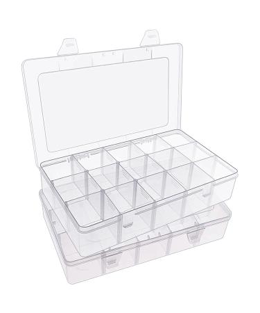 SGHUO 2 Pack 15 Girds Clear Plastic Organizer Box Storage for Washi Tape Tackle Box Jewelry Crafts Organizer, Container with Adjustable Dividers