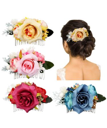 4 Pack Artificial Rose Flower Metal Hair Side Combs Slide Hair Clips With Teeth Floral Hair Bows Hairpins Barrettes Wedding Headpieces Holiday Party Bun Chignon Twist Hair Holder Accessories for Women