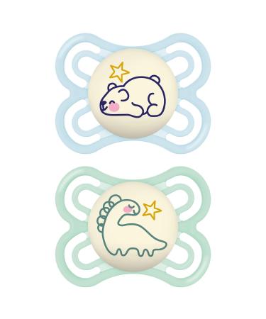Mam Perfect Night Schnuller in the 2 Set shining in the dark tooth-friendly baby pacifier from sustainable & organic-renewable materials with pacifier box 0-6 months B r / Dino 0-6 / Silicon / Night (2-pack) Bear / Dino