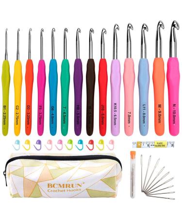 BCMRUN Crochet Hooks Set,14 PCS 2mm(B)-10mm(N) Ergonomic Soft Grip Handles Yarn Knitting Needles Kit with Case for Arthritic Hands, Extra Long Knit Needles, Best Gift for Women 2mm(B)-10mm(P)