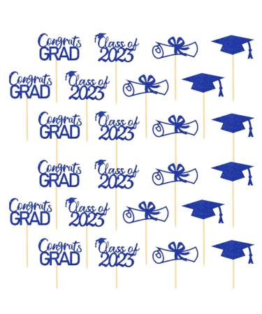 JINGLING Graduation Cake Toppers 24 Piece Graduation Cupcake Toppers Glitter Class of 2023 Graduation Caps Cupcake Picks for Party Cake Decorations Blue