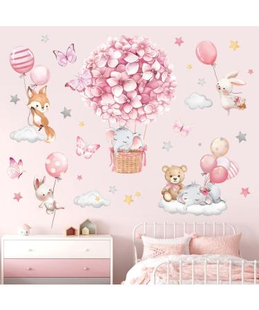 decalmile Animals Hot Air Balloon Wall Decals Flowers Balloons Elephant Bear Wall Stickers Baby Nursery Girls Bedroom Playroom Wall Decor