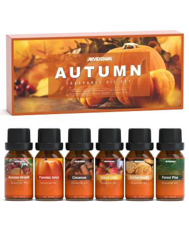 ARVIDSSON Fall Essential Oils Set Autumn Fragrance Oil for Diffusers Candle Making Pumpkin Spice Cinnamon Spiced Cider Autumn Wreath Pine Snickerdoodle Fall Scented Oils for Home