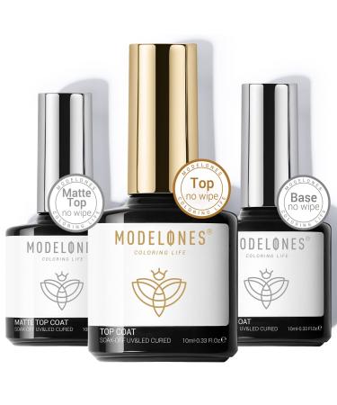 Modelones 10ml Matte Top Coat Base Coat for Gel Nail Polish, 3Pcs No Wipe Top Coat, Long Lasting High Gloss Shiny and Matte Effects DIY at Home A-3Pcs 10ml Base and Top Coat