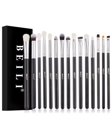 BEILI Professional Eye Makeup Brush Set 15 Pieces Synthetic and Natural Hair Eyeshadow Eyeliner Eyebrow Blending Concealer Make up Brushes (Black/Silver) White